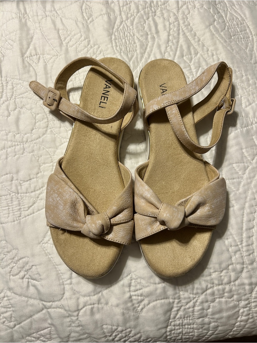 Vaneli Beige Knot Front Ankle-Strap Sandals